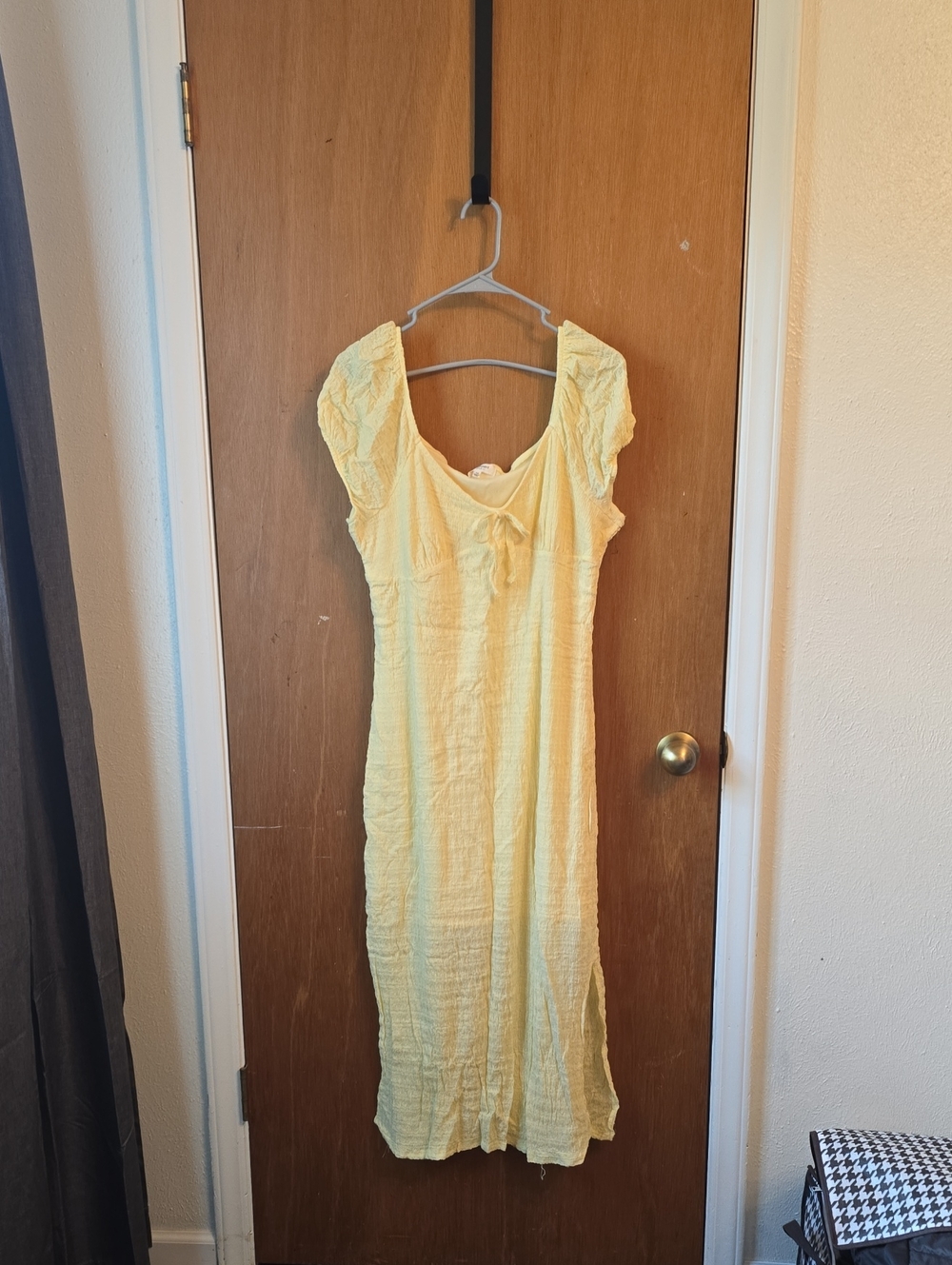 Light Yellow Midi Smocked Sundress with Tie Front
